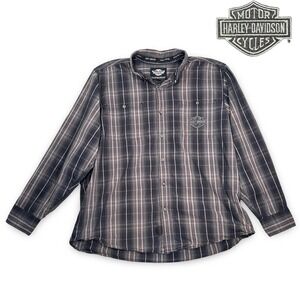 Harley Davidson Mens Tall 2XL Plaid Button Up Shirt Genuine Motorcycle Club Gray